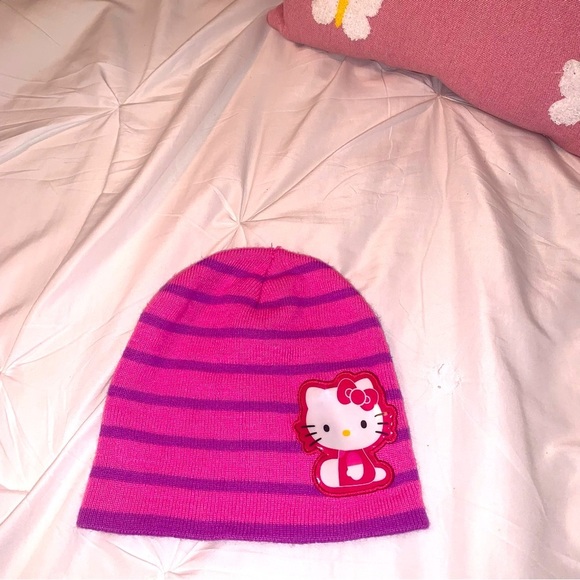 Hello Kitty beanie stripe knit kids cap hat OS pink purple winter vintage y2k - Picture 2 of 9